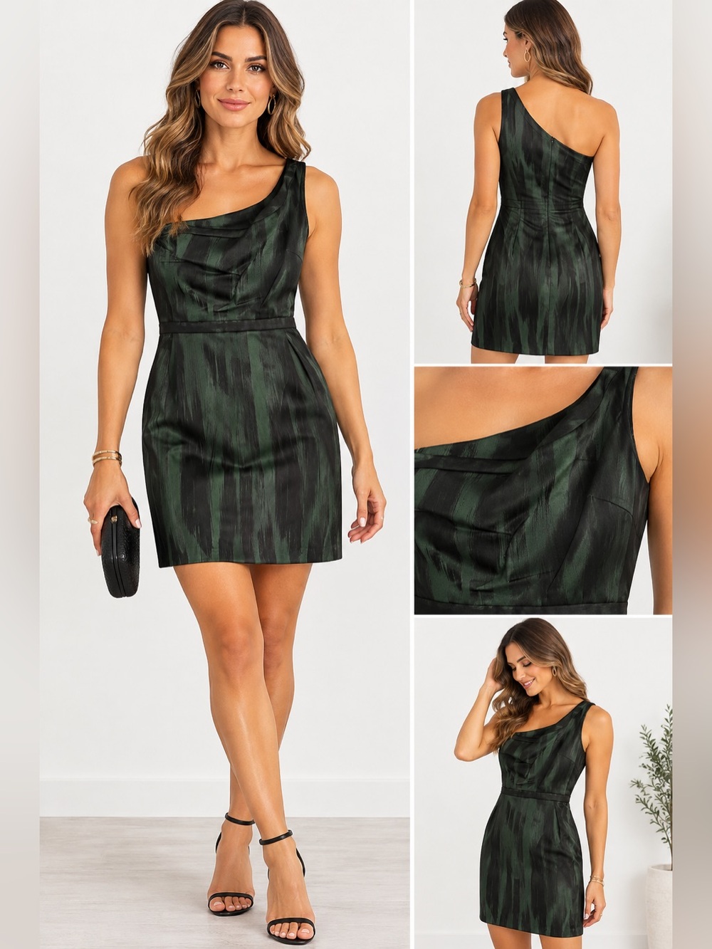 One-Shoulder Green and Black Stripe Dress
